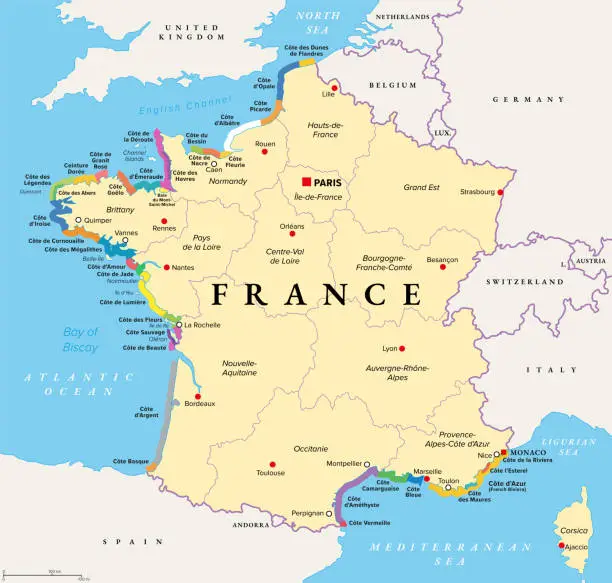 Vector illustration of The coasts of France, most important coasts and beaches, political map