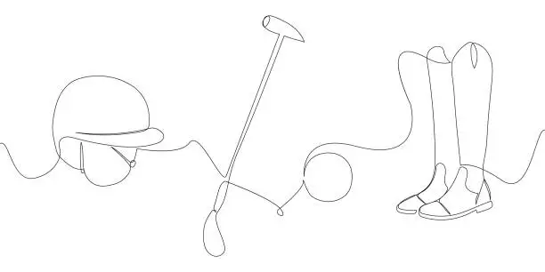Vector illustration of Horse polo set with hammer mallet, ball, helmet and boots one line art. Continuous line drawing horseback riding, sport, equestrian, horse, rider, horseman, activity, tool, equipment, game, training.