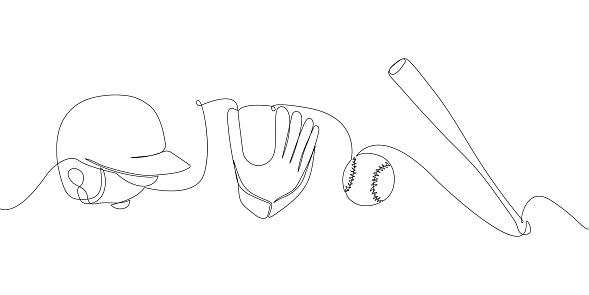 Baseball set with glove, ball, helmet, bat one line art. Continuous line drawing of player, pitcher, hardball, softball, sports, activity, american, game, training, competitive, leisure uniform professional match Hand drawn vector illustration