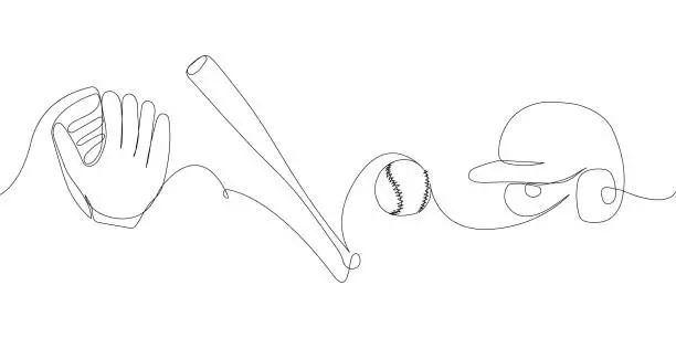 Vector illustration of Baseball set with helmet, bat, ball, glove one line art. Continuous line drawing of sport, hardball, softball, sports, activity, american, game, training, competitive, leisure, professional play