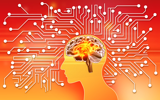 Human head with brain and circuit board on red orange background