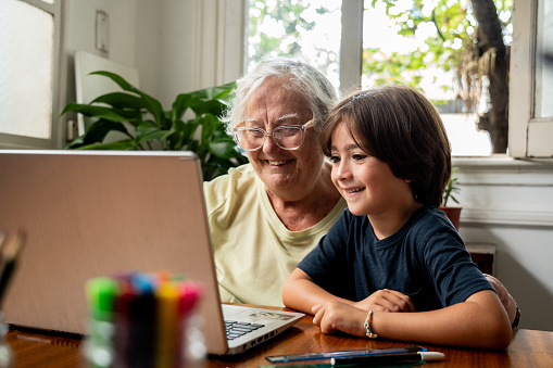 Grandmother and grandson using laptop at home