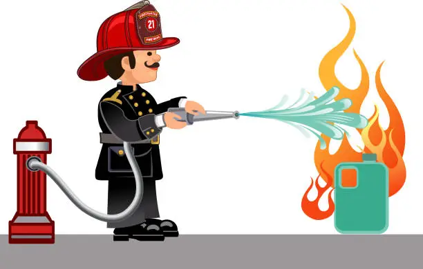 Vector illustration of Fireman. A fireman spraying a water hose.