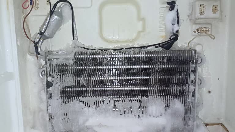 Close-up of opened deep freezer with ice and snow