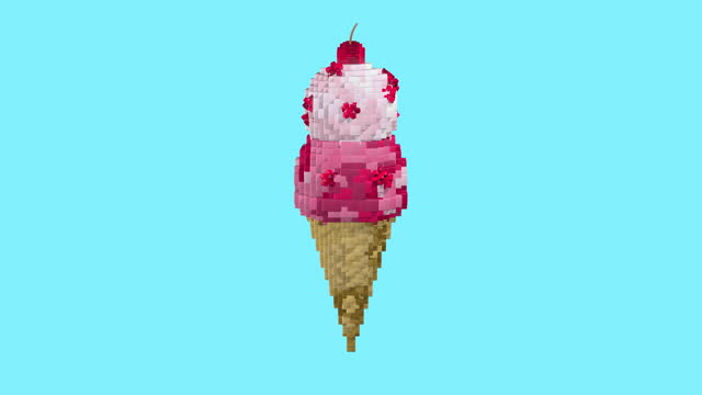 Strawberry and vanilla ice cream cone with cherry rotating in pixel style against light blue background