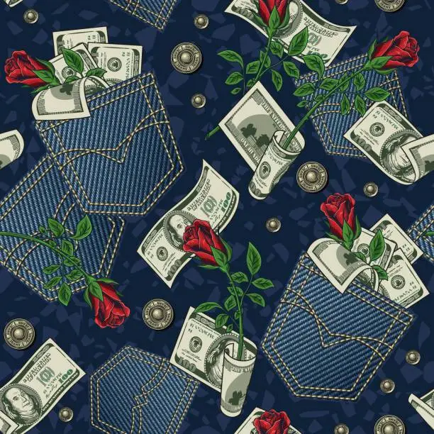 Vector illustration of Denim pattern with back pocket, dollar notes roses