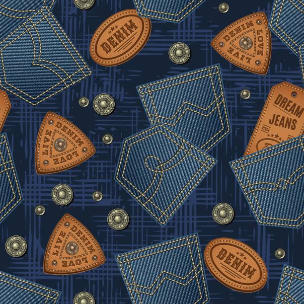 denim-muster mit gesäßtaschen, lederetiketten - leather patch denim jeans stock-grafiken, -clipart, -cartoons und -symbole