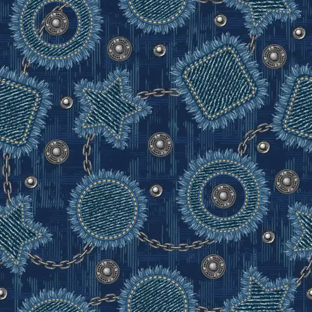 Vector illustration of Denim seamless pattern with patches with fringe