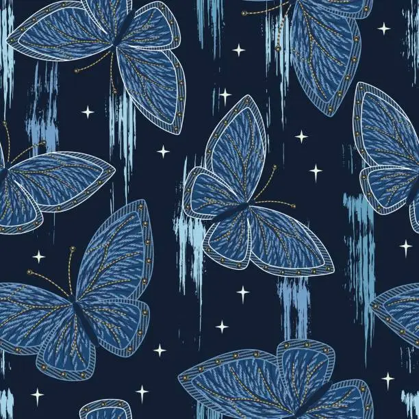 Vector illustration of Seamless pattern with denim butterfly, smudged, smeared paint, small stars. Boho mystery design. Random composition.