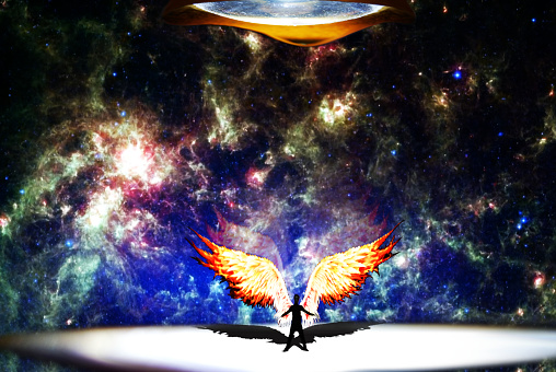 The Center of attention is a man with wings, behind whom the Universe is visible.