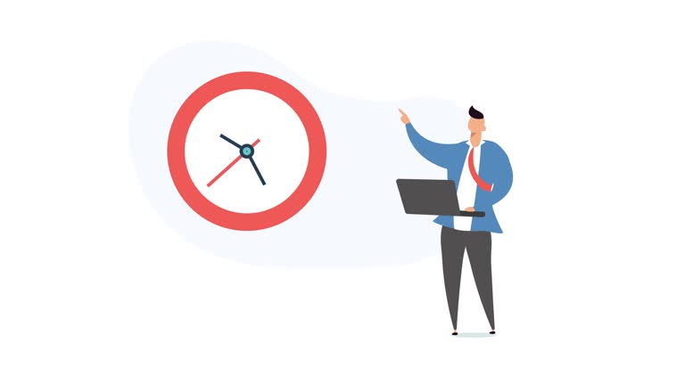 Time management concept. Businessman with a laptop and a clock. motion animation in a flat style