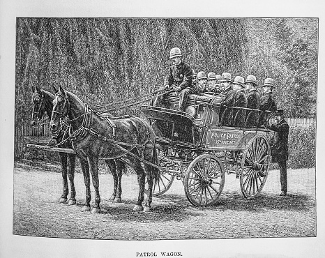 Illustration from Harper's Magazine Volume XLV -June to November 1872  :-  A squad of policemen sit in a horse drawn police patrol wagon in New York City,