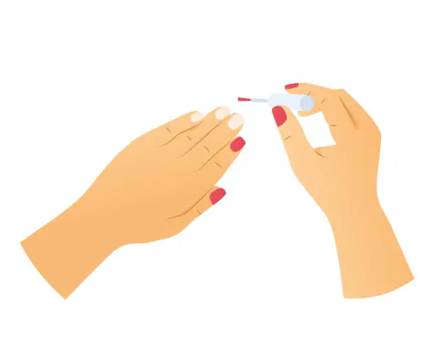 Vector illustration of application of pink nail polish, manicure process