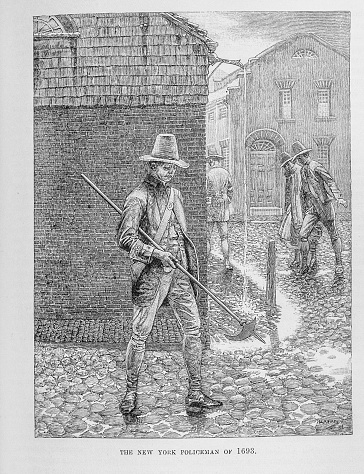 Illustration from Harper's Magazine Volume XLV -June to November 1872  :- A  New York Policeman of 1693 on partol with a pike on the cobble stone streets of New York City.