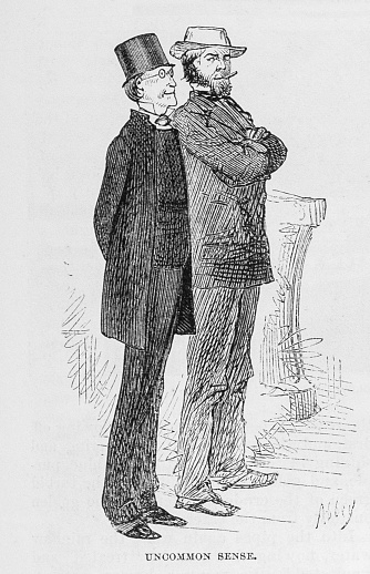 Illustration from Harper's Magazine Volume XLV -June to November 1872  :- A rough looking bearded man with folded arms gives a side long glance at his well dressed, bespeckled companion.