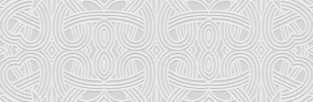 Vector illustration of Banner. Relief geometric decorative 3D pattern on a white background, art deco. Tribal ornamental linear cover design in the ethnic traditions of the East, Asia, India, Mexico, Aztec.