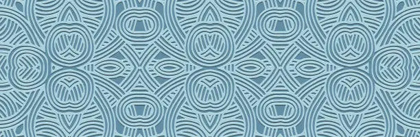 Vector illustration of Banner. Relief geometric artistic 3D pattern on blue pastel background, art deco. Tribal ornamental linear cover design in the ethnic traditions of the East, Asia, India, Mexico, Aztec.