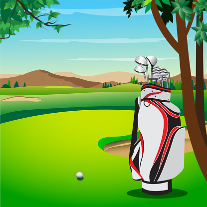Golf clubs and bag on the golf course. Vector illustration.