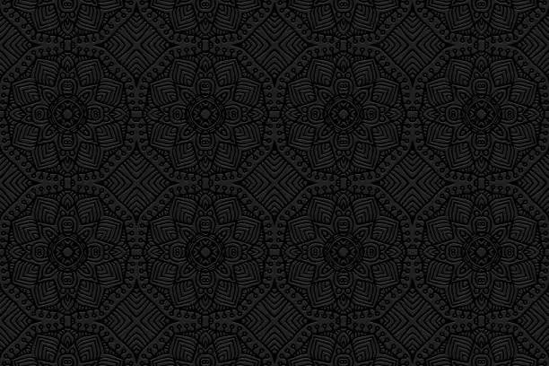 Vector illustration of Embossed black background, cover design. Handmade, boho, doodle, zentagle. Geometric floral 3D pattern. Ornaments, arabesques. Vintage art of the East, Asia, India, Mexico, Aztec.