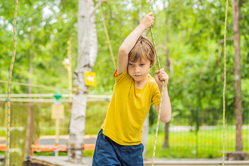 Strong excited young boy playing outdoors in rope park. Caucasian child dressed in casual clothes and sneakers at warm sunny day. Active leisure time with children concept.