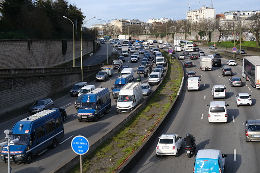 Paris, France - March 14, 2024. The ring road of Paris on a sunny day. A highway at \