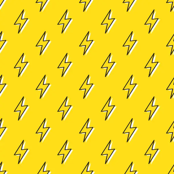 Vector illustration of Lightning bolts Seamless Pattern. Yellow and Black repeating background.