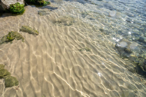 Surface of clear water with rock in sun
