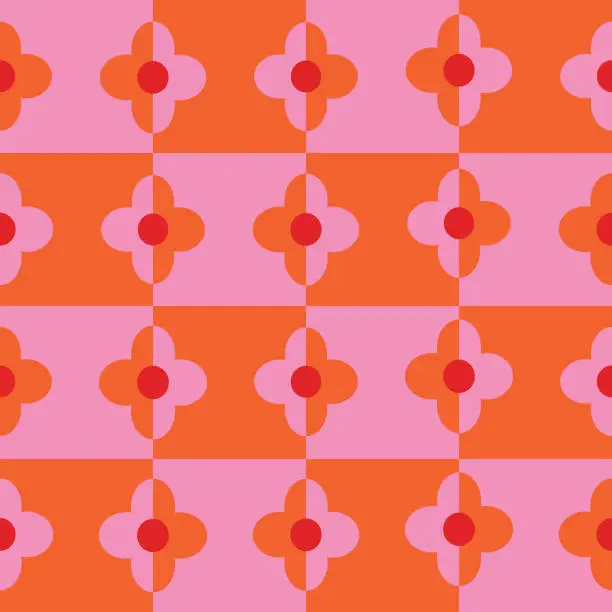 Vector illustration of Checkered half pink and orange geometric retro flowers seamless pattern.