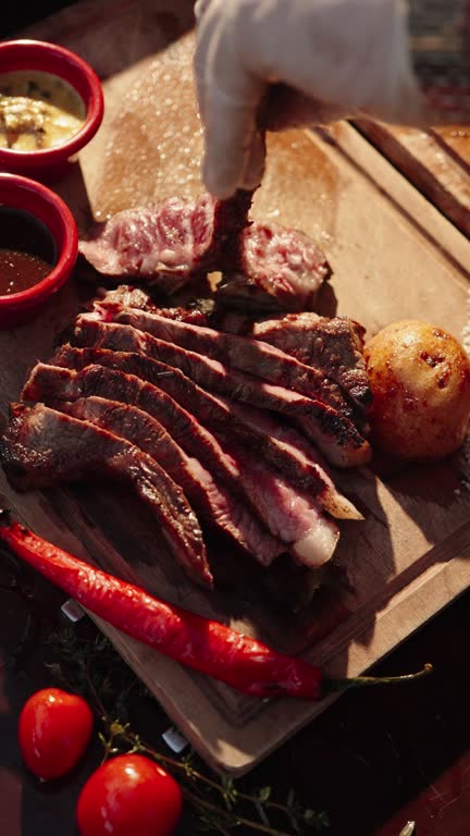 The chef is preparing the T-bone service.