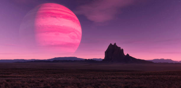 istock Sci-fi Scene of Alien Planet Rocky Terrain with Background Jupiter planet. 3d Rendering Artwork 2097645432