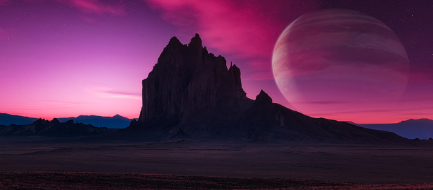 Sci-fi Scene of Alien Planet Rocky Terrain with Background Jupiter planet. 3d Rendering Artwork. New Mexico, United States
