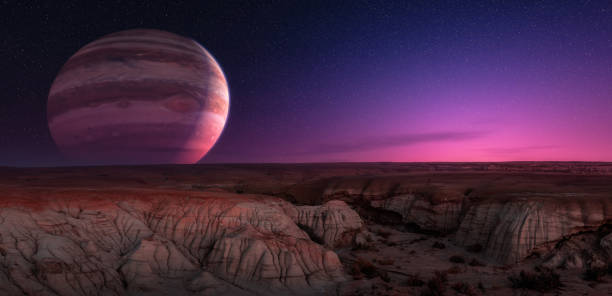 istock Sci-fi Scene of Alien Planet Rocky Terrain with Background Jupiter planet. 3d Rendering Artwork 2097645964