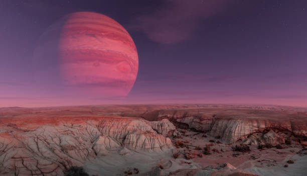 istock Sci-fi Scene of Alien Planet Rocky Terrain with Background Jupiter planet. 3d Rendering Artwork 2097646226