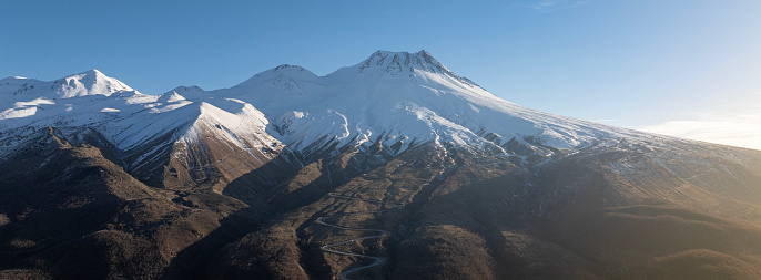 Snow-capped Mount Hasan in Aksaray, Turkey. Taken with a drone.