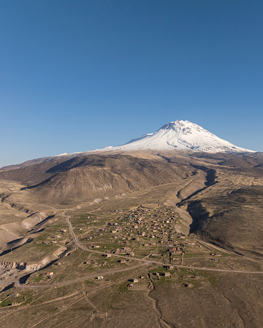 Aerial view of the abandoned village at the foot of Mount Hasan in Aksaray, Turkey. Taken via drone.