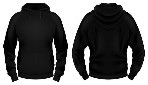 Template of blank black hoodie with pocket. Front and back views. Photo-realistic vector illustration. Template of blank black hoodie with pocket. Front and back views. Photo-realistic vector illustration. hooded-shirt stock illustrations