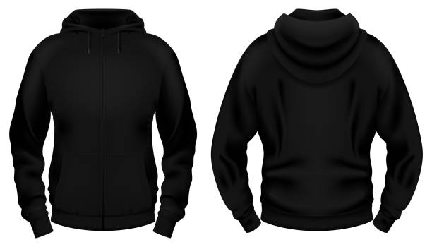 Template of blank black hoodie with pocket. Front and back views. Photo-realistic vector illustration. Template of blank black hoodie with pocket. Front and back views. Photo-realistic vector illustration. hooded-shirt stock illustrations