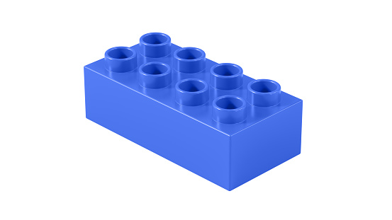 Royal Blue Plastic Toy Block Isolated on a White Background. Children Toy Brick, Perspective View. Close Up View of a Game Block for Constructors. 3D Rendering. 8K Ultra HD, 7680x4320, 300 dpi
