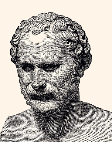 Portrait of Demostenes by E. Benjamin Andrews.
Demosthenes  was a Greek statesman and orator in ancient Athens. Vintage etching circa late 19th century. Digital restoration by pictore.