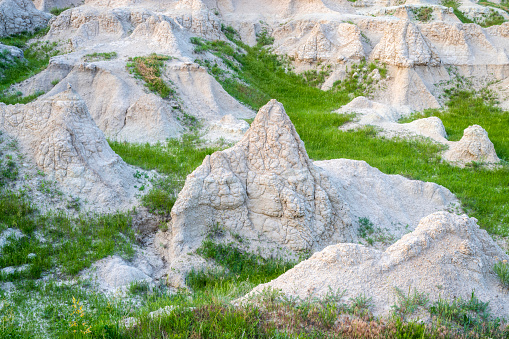 Scenic view of the surreal terrain at Badlands National Park at twilight