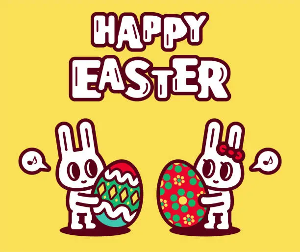 Vector illustration of Happy Easter Greetings, Easter Bunnies Holding Big Easter Eggs Together