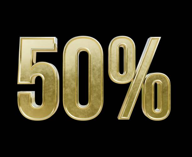 istock 50 percent 3d text gold render illustration on black isolated background 2097814521