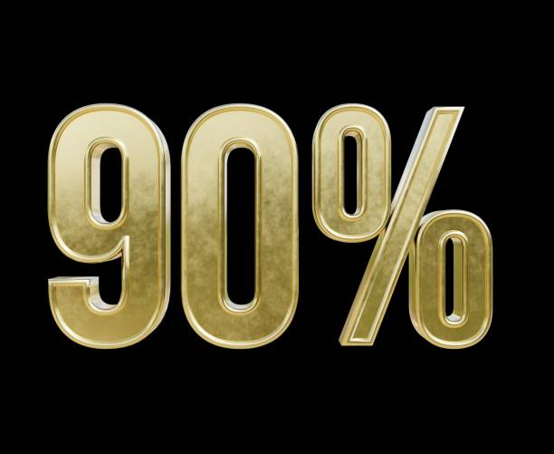 90 percent 3d text gold render illustration on black isolated background