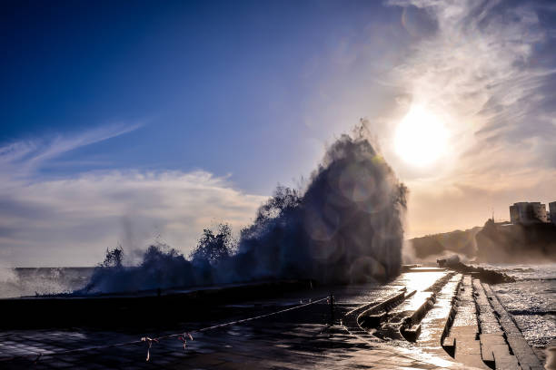 big wave in the ocean - image alternative energy canary islands color image imagens e fotografias de stock