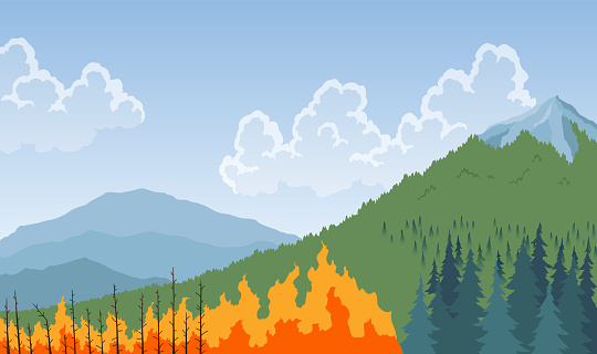 Extinguishing forest fire. Remote extinguishing of fires in mountainous areas. Combating natural disasters. Vector illustration.