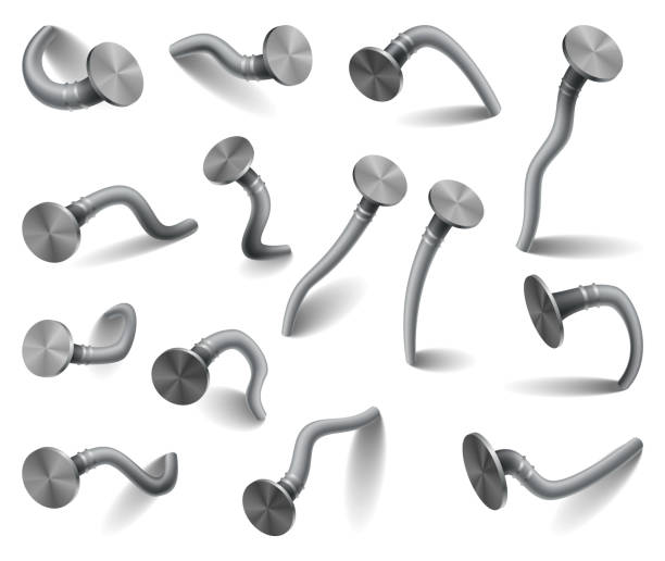 istock Hammered nails set on surface. Iron, steel or silver pin heads. Bent metal spikes or hobnails with caps in cartoon style. Vector hardware for home construction, isolated on white background 2097851621