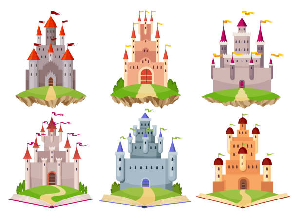 istock Fairy tale castle set. Medieval royal mansion architecture. Beautiful fairy-tale towers for princess, historic fortified buildings. Knight castle. Isolated cartoon vector illustration 2097851632
