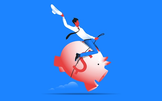 Man riding on a piggy bank. Investing, solving financial problems, financial management concept. Vector illustration.