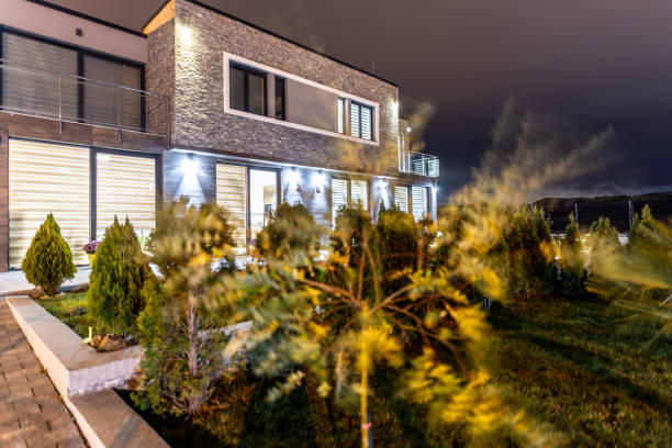 Modern family villa at night