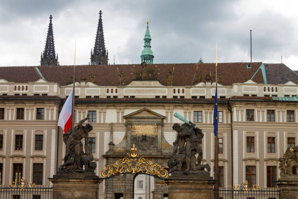 Matthews gate and St Vitus Cathedral towers and the bronze spire in Prague castle, Czech Republic.